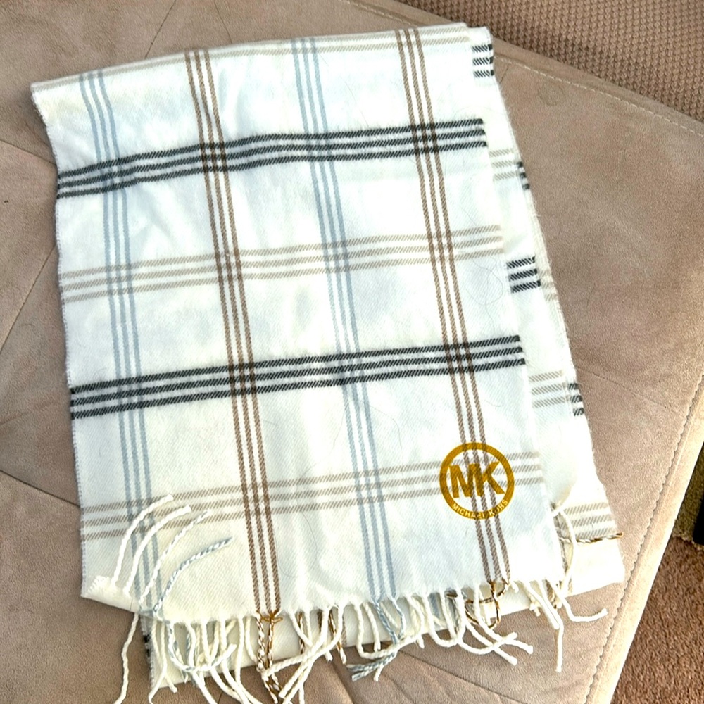 Michael Kors Beige Blue Plaid Scarf